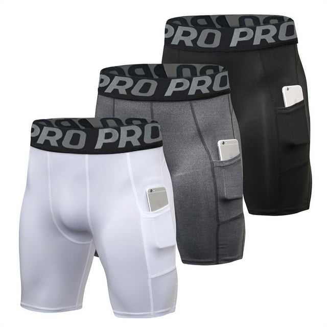 YUSHOW Men Compression Shorts Running Gym Yoga Workout Underwear with Pocket 3 Pack Size M