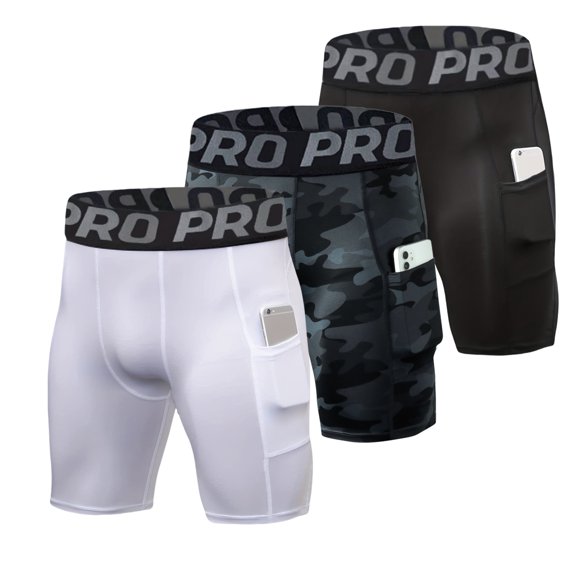YUSHOW Men's Compression Shorts Running Gym Yoga Athletic Workout Underwear with Pocket 3 Pack Size XL