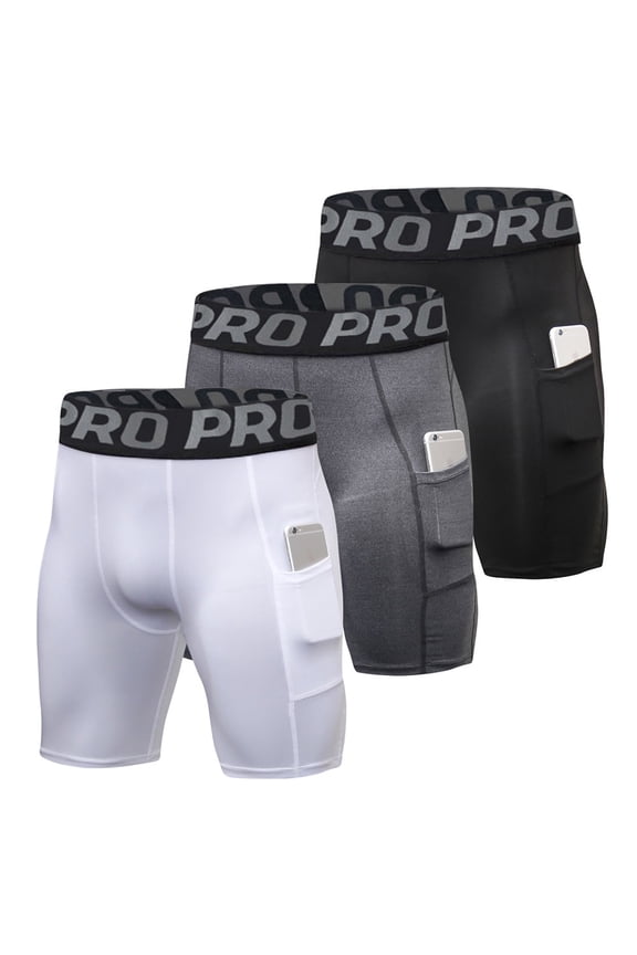 Men's Compression Shorts Running Gym Yoga Athletic Workout Underwear with Pocket 3 Pack Size XL