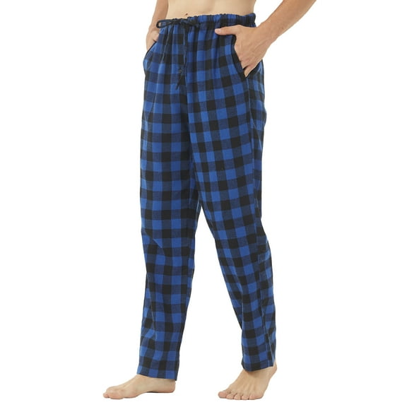 YUSHOW Men Flannel Pajama Pants Cotton Soft Blue Plaid Lounge Pjs Bottoms with Pockets Male Size L