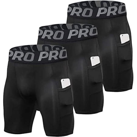 YUSHOW Men's Compression Shorts 3-Pack - High-Performance, Workout Gear with Pockets Size L