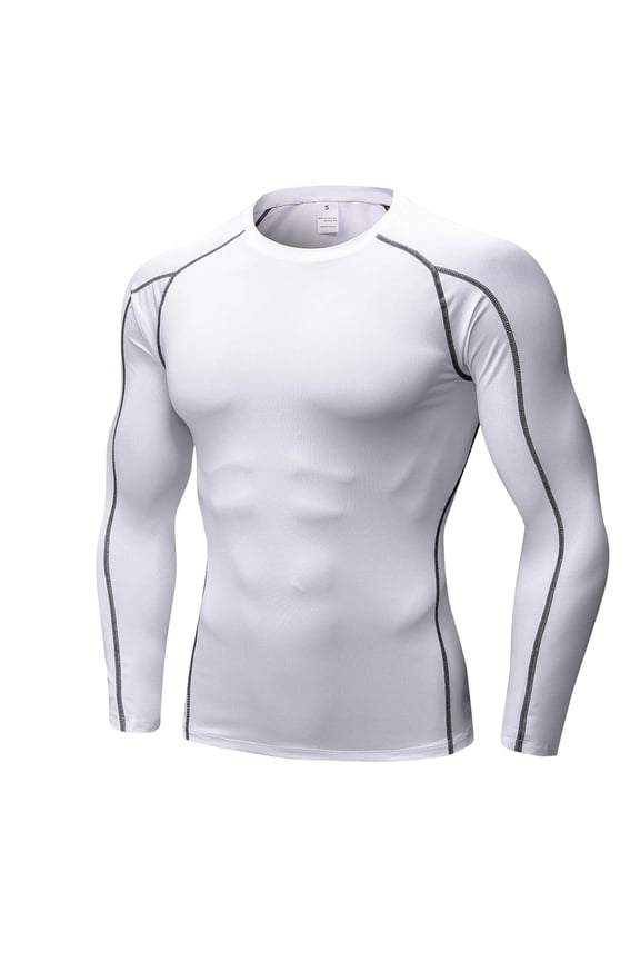 Men's Long Sleeve Compression Shirts Running Basketball Base Layer Athletic Workout Shirt White,M