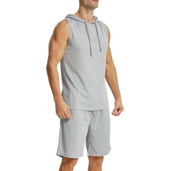YUSHOW Men's 2 Piece Summer Outfits Sleeveless Hoodie and Gym Shorts Set Breathable Mesh Workout Set, Size L