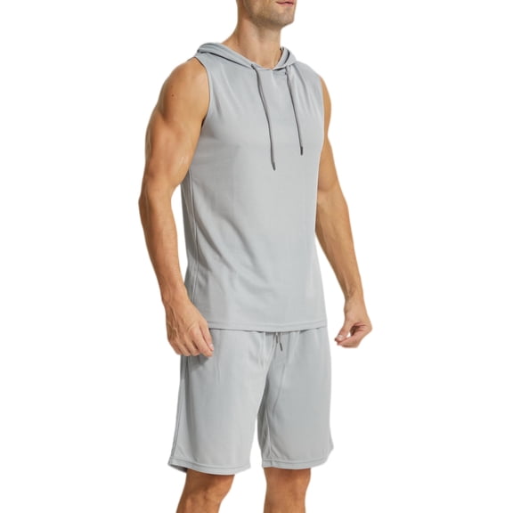 YUSHOW Men's 2 Piece Summer Outfits Sleeveless Hoodie and Gym Shorts Set Breathable Mesh Workout Set, Size L