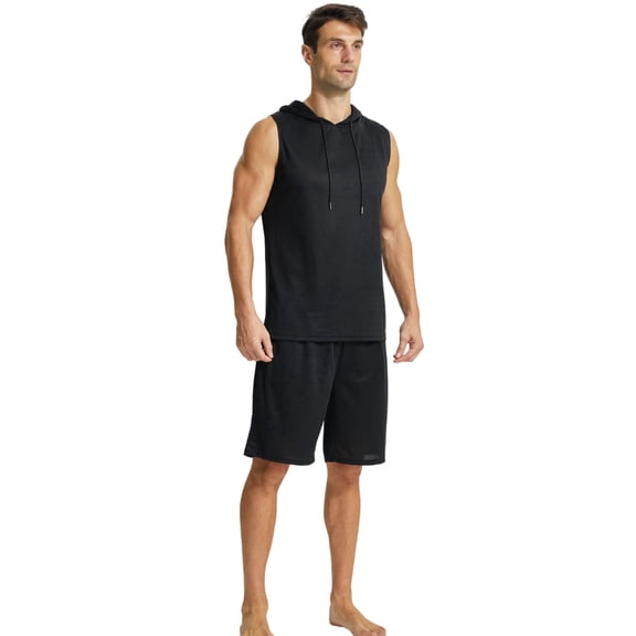 YUSHOW Men's Workout Set 2 Piece Mesh Sleeveless Hoodie and Gym Shorts Set for Running Athletic, Size L