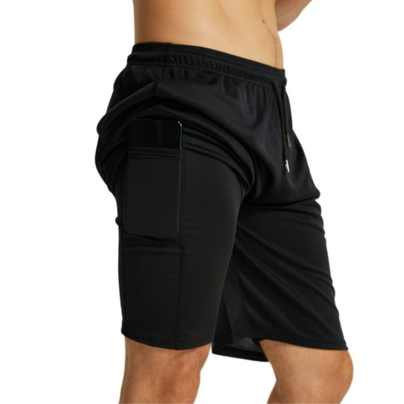 YUSHOW Mens 2 in 1 Running Shorts Quick Dry Athletic Shorts with Liner and Pockets, Black, L