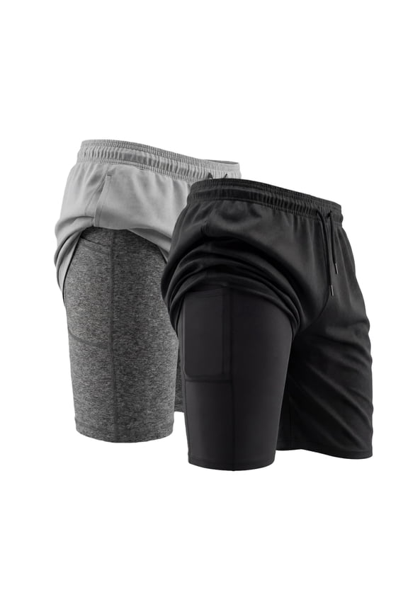 Mens 2 in 1 Running Workout Shorts Quick Dry Athletic Shorts with Liner and Pockets, 2 Pack, L