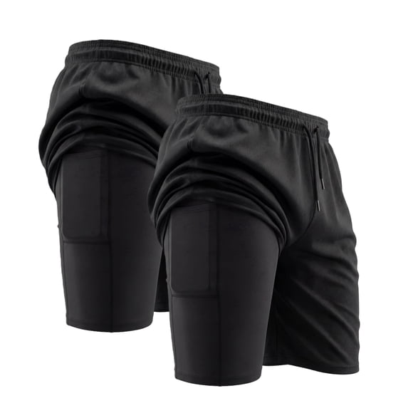 YUSHOW Mens 2 in 1 Running Workout Shorts Quick Dry Athletic Shorts with Liner and Pockets, 2 Pack, L