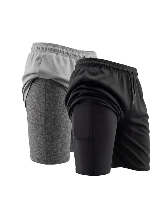 Mens 2 in 1 Running Workout Shorts Quick Dry Athletic Shorts with Liner and Pockets, 2 Pack, L