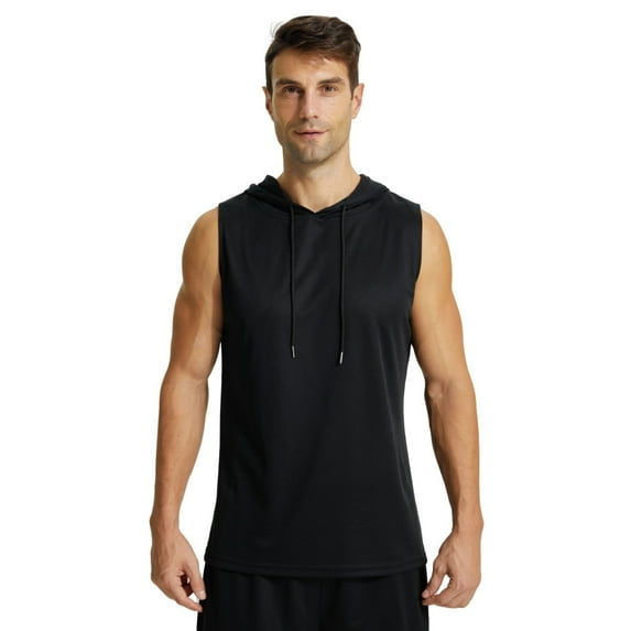 YUSHOW Mens Active Workout Hoodie Tank Tops Sleeveless Quick Dry Athletic Trainning Muscle Gym Shirt Black,L