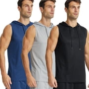 YUSHOW Men's 3-Pack Sleeveless Workout Hoodie Tank Tops - Quick-Dry Muscle Shirts for Gym, Running & Training, L