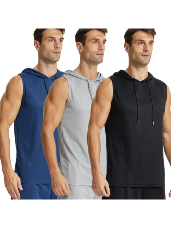 Men's 3-Pack Sleeveless Workout Hoodie Tank Tops - Quick-Dry Muscle Shirts for Gym, Running & Training, L