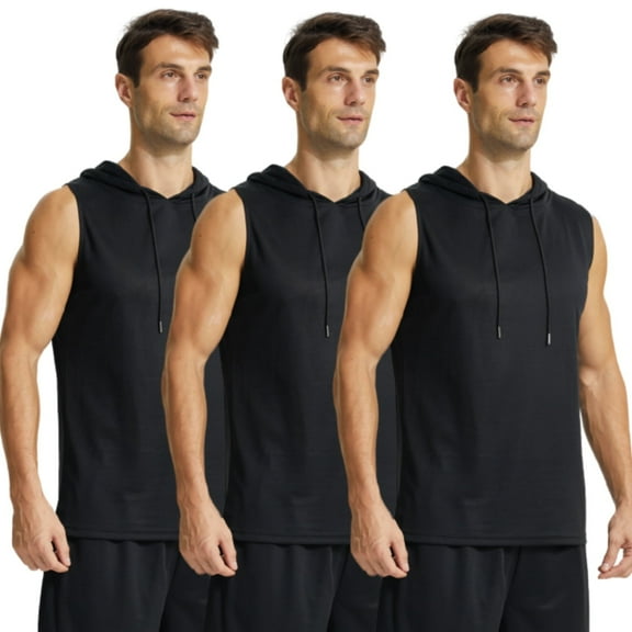 YUSHOW Mens Active Workout Hoodie Tank Tops Sleeveless Quick Dry Running Muscle Shirts 3 Pack, L