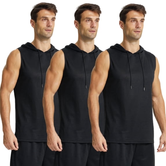 YUSHOW Men's 3-Pack Sleeveless Workout Hoodie Tank Tops - Quick-Dry Muscle Shirts for Gym, Running & Training, M