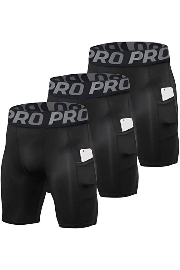 Mens Compression Running Shorts Sports Cool Dry Workout Underwear with Pockets 3 Pack Size M