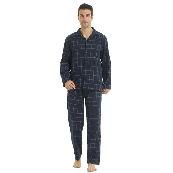 YUSHOW Mens Flannel Pajamas Set Cotton Plaid Pjs Button Down Warm Soft Lounge Sleepwear Size L