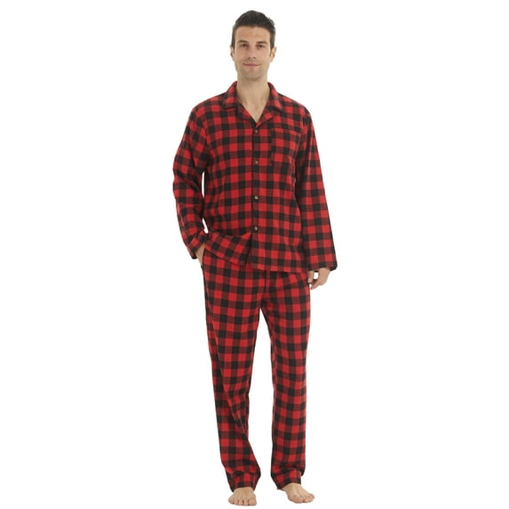 YUSHOW Mens Flannel Pajamas Set Cotton Plaid Pjs Button Down Warm Soft Lounge Sleepwear Size L