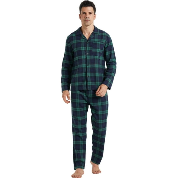 YUSHOW Mens Flannel Pajamas Set Cotton Plaid Pjs Button Down Warm Soft Lounge Sleepwear Size XL