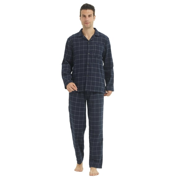 YUSHOW Mens Flannel Pajamas Set Cotton Plaid Pjs Button Down Warm Soft Lounge Sleepwear Size XL