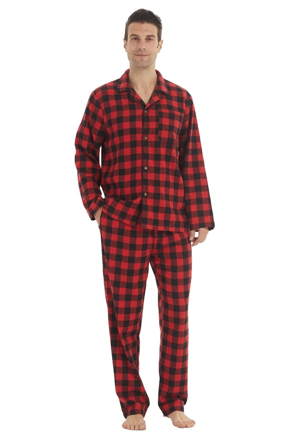 Mens Flannel Pajamas Set Cotton Plaid Pjs Button Down Warm Soft Lounge Sleepwear Size XL