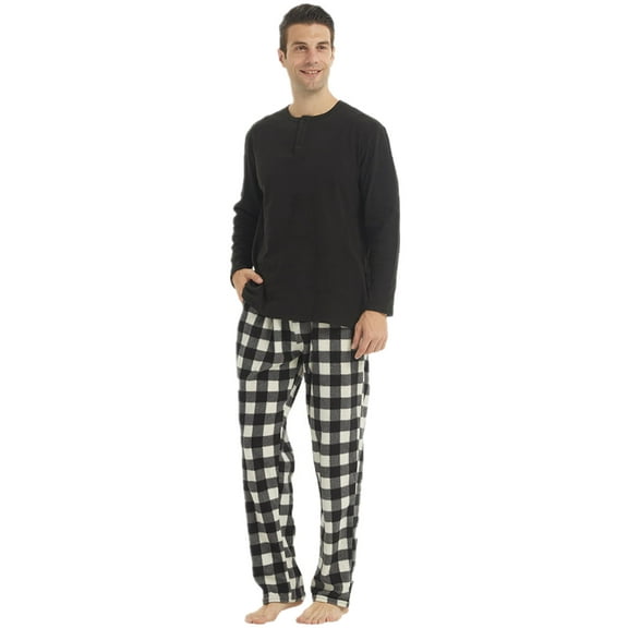 YUSHOW Mens Fleece Pajamas Set Winter Soft Warm Long Sleeve Plaid Pjs Sleepwear 2-Piece Size L