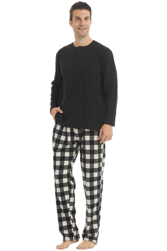 Mens Fleece Pajamas Set Winter Soft Warm Long Sleeve Plaid Pjs Sleepwear 2-Piece Size M