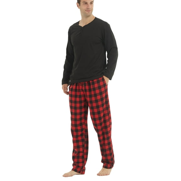YUSHOW Mens Winter Pajamas Set Warm Fleece Henley Long Sleeve Top & Flannel Plaid Pajama Pants Pjs Sleepwear Size M