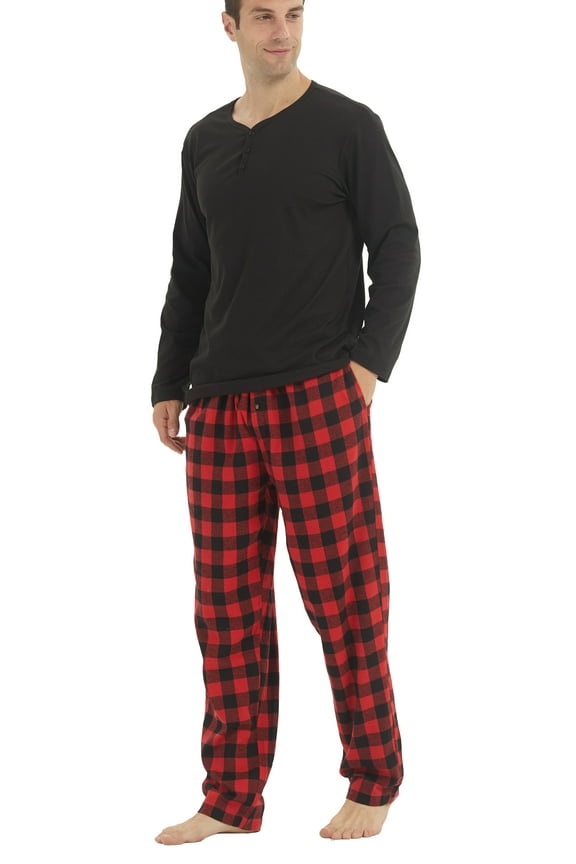 Mens Winter Pajamas Set Warm Fleece Henley Long Sleeve Top & Flannel Plaid Pajama Pants Pjs Sleepwear Size XL