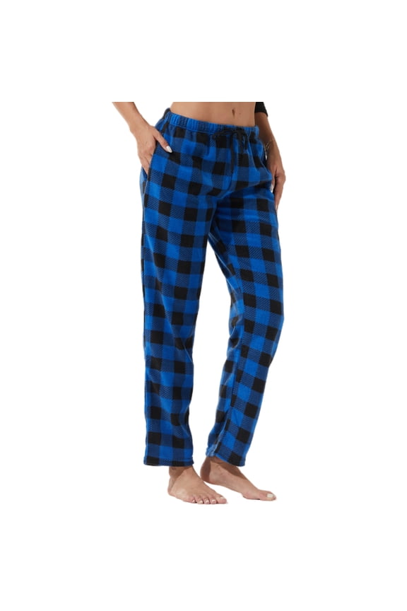 Women Fleece Pajama Pants Comfy Buffalo Plaid Pjs Bottoms with Pockets, Blue Plaid, L