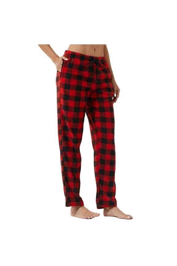 Women Fleece Pajama Pants Comfy Buffalo Plaid Pjs Bottoms with Pockets, Red Plaid, M