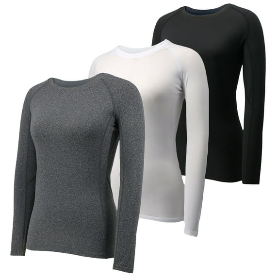 YUSHOW Womens Compression Shirts Long Sleeve Workout Top Sports Baselayer 3 Pack,Black+Gray+White,S