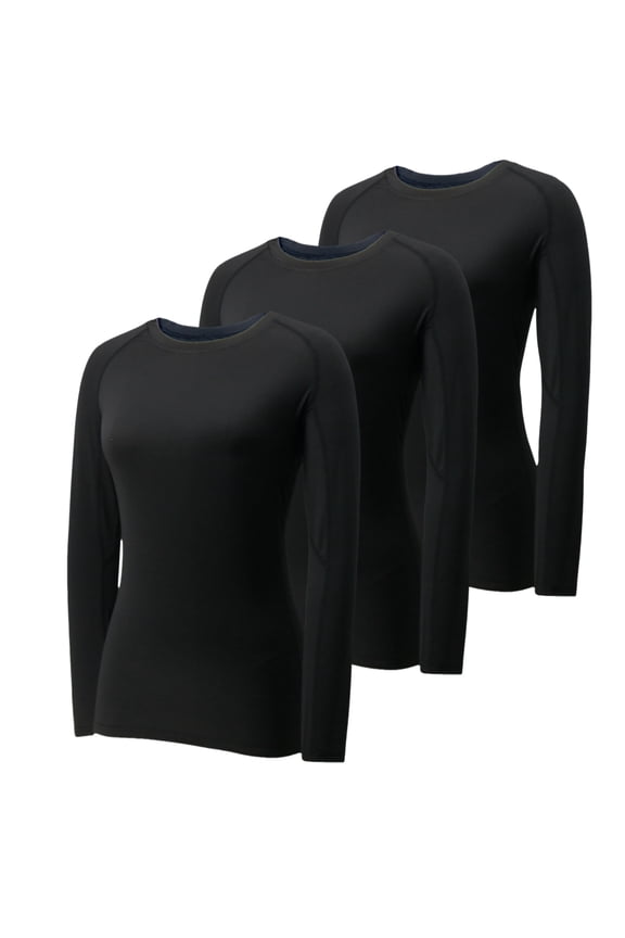 Womens Compression Shirts Long Sleeve Workout Top Sports Baselayer 3 Pack,Black,L