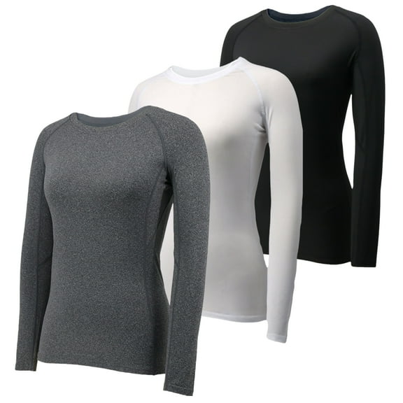 YUSHOW Womens Compression Shirts Long Sleeve Workout Top Sports Baselayer 3 Pack,Black+Gray+White,S