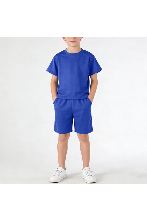 Boys Active Outfits Set- Quick Dry Loose Summer Short Sleeve Shirts and Shorts Kids Activewear Blue Size 10