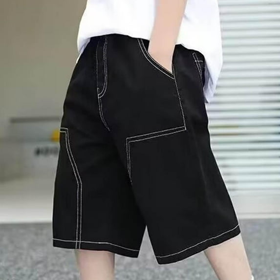 YUSIM Boys Capris with Pockets- Baggy Elastic Waist Stretch Casual Kids Cargo Shorts Black Size 14