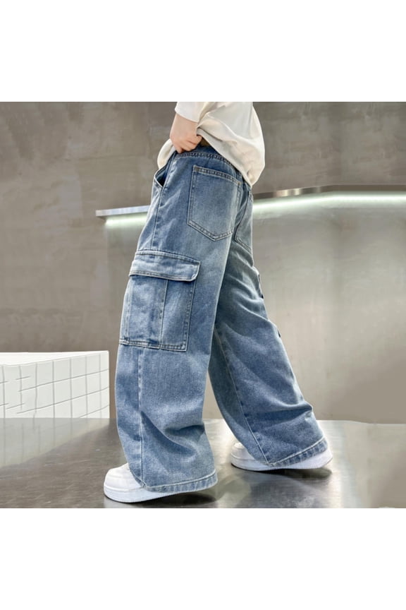 Boys Cargo Jeans- Elastic Waist Baggy Casual Wide Leg Denim Pants Blue Size 10