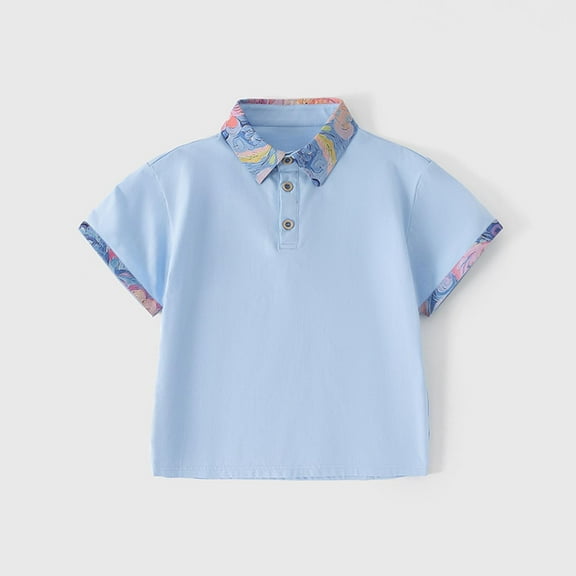 YUSIM Boys Color Block Polo Shirts- Cotton Formal Summer Short Sleeve Casual School Uniform Light Blue Size 2 T