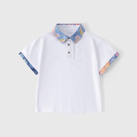 YUSIM Boys Color Block Polo Shirts- Summer Casual Short Sleeve Cotton Formal School Uniform White Size 6 T