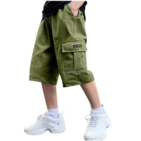 YUSIM Boys Cotton Cargo Shorts- Baggy Quick Dry Elastic Waist Casual Kids Hiking Shorts Army Green Size 6