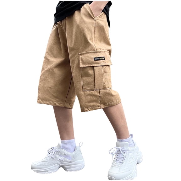 YUSIM Boys Cotton Cargo Shorts- Casual Baggy Quick Dry Elastic Waist Kids Hiking Shorts Khaki Size 6-14