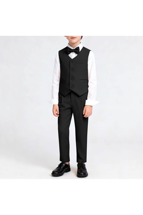 Boys Dress Suit Sets 3 Piece- Bow Tie+Button Vest+Formal Pants Kids Outfit Sets Black Size 8