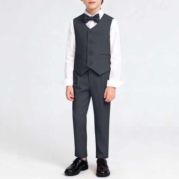YUSIM Boys Dress Suit Sets 3 Piece- Bow Tie Button Vest Formal Pants Kids Outfit Sets Gray Size 8