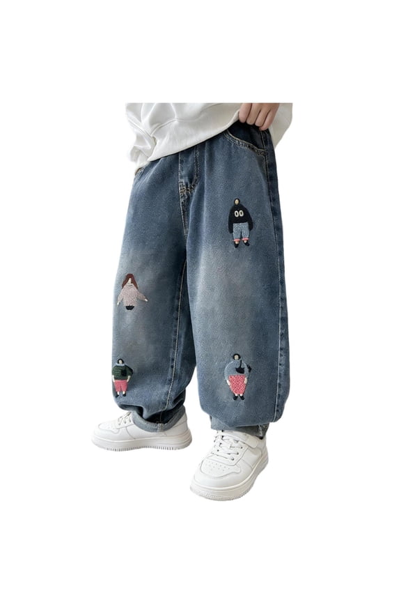 Boys Embroidered Jeans- Wide Leg Casual Elastic Waist Baggy Denim Pants Light Blue Size 5-14