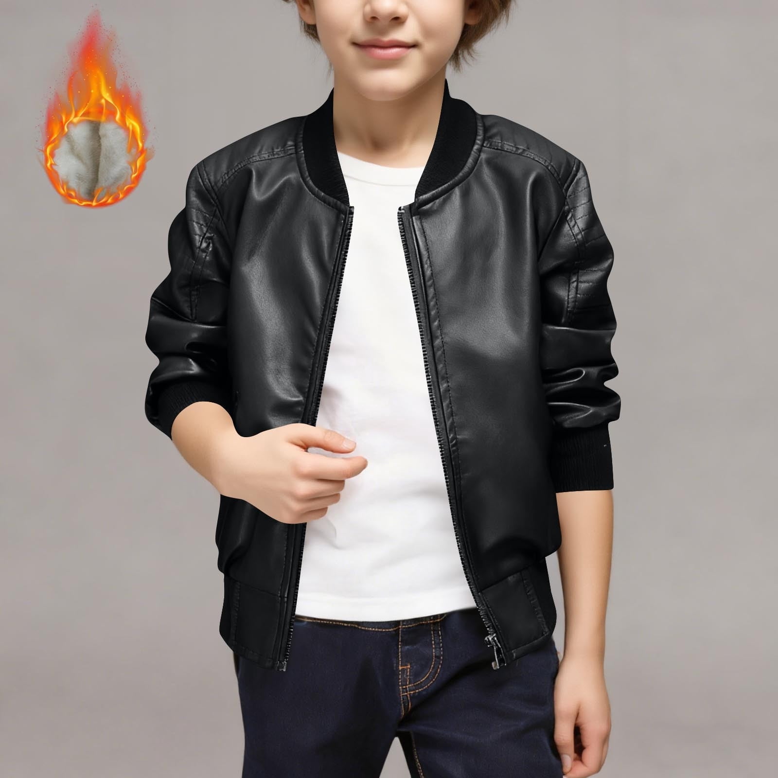 YUSIM Boys Faux Leather Jacket Sherpa Lined- Casual Zip Up Warm Long Sleeve Kid Winter Jacket Black Size 6 Years