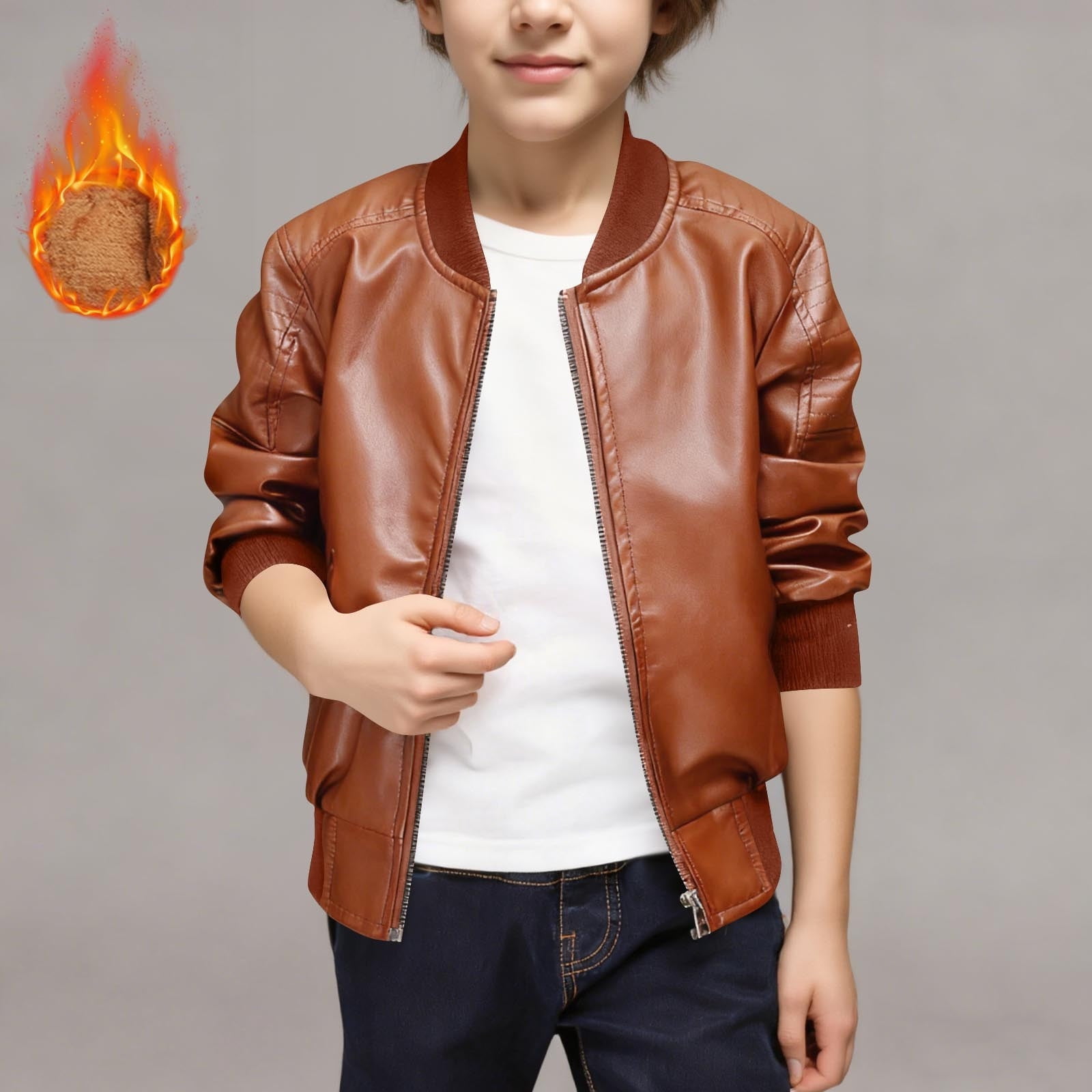 YUSIM Boys Faux Leather Jacket Sherpa Lined- Long Sleeve Warm Casual Zip Up Kid Winter Jacket Brown Size 6 Years