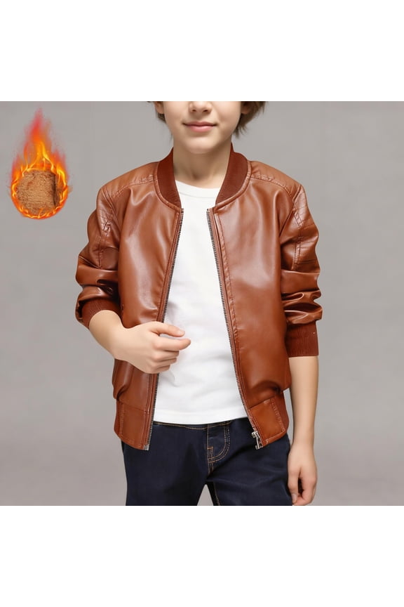Boys Faux Leather Jacket Sherpa Lined- Warm Long Sleeve Zip Up Casual Kid Winter Jacket Brown Size 2 Years