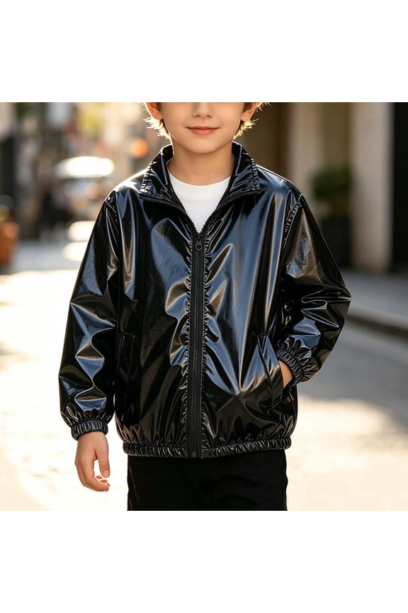 Boys Metallic Full Zip Jacket- Turndown Collar Casual Lightweight Long Sleeve Kids Flight Jacket Black Size 6