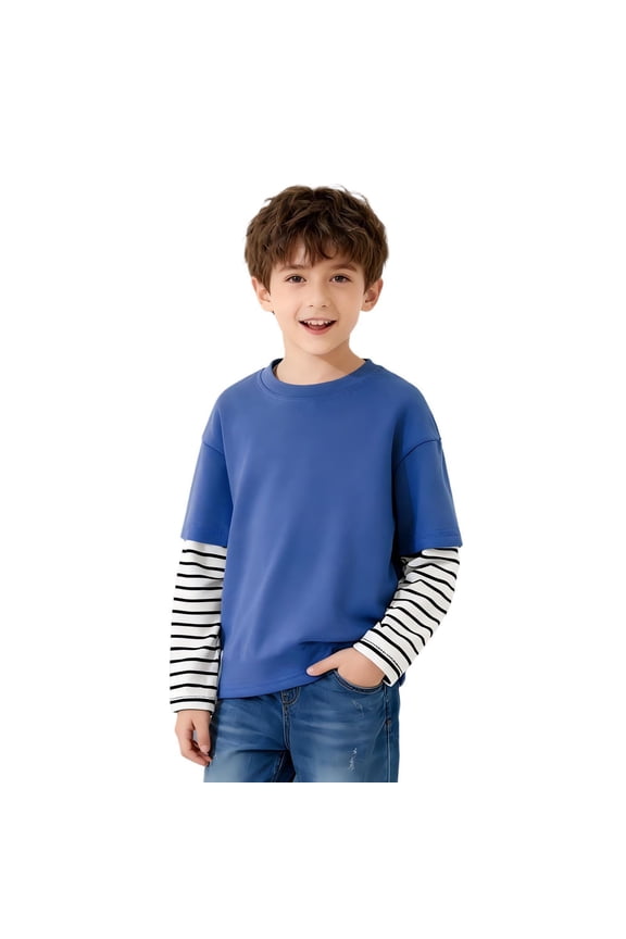 Boys Striped Cotton T Shirts- Fashion Casual Long Sleeve Crewneck Kids Spring Tops Clothes Blue Size 6