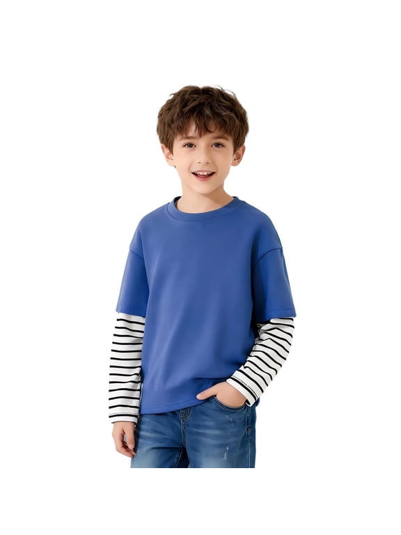 Boys Striped Cotton T Shirts- Fashion Long Sleeve Casual Crewneck Kids Spring Tops Clothes Blue Size 4