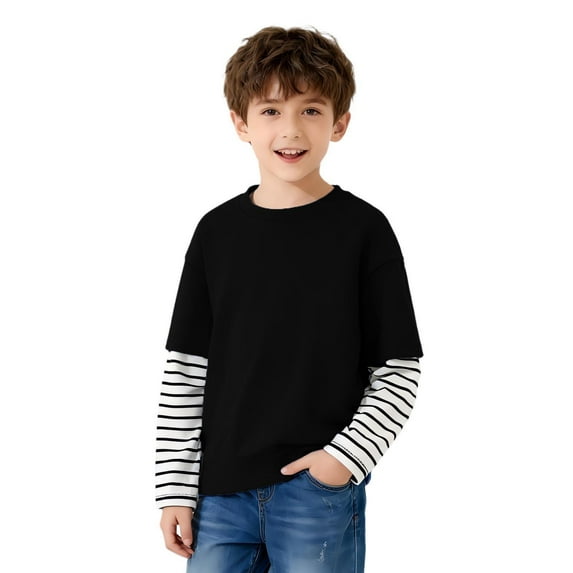 YUSIM Boys Striped Cotton T Shirts- Long Sleeve Casual Fashion Crewneck Kids Spring Tops Clothes Black Size 8